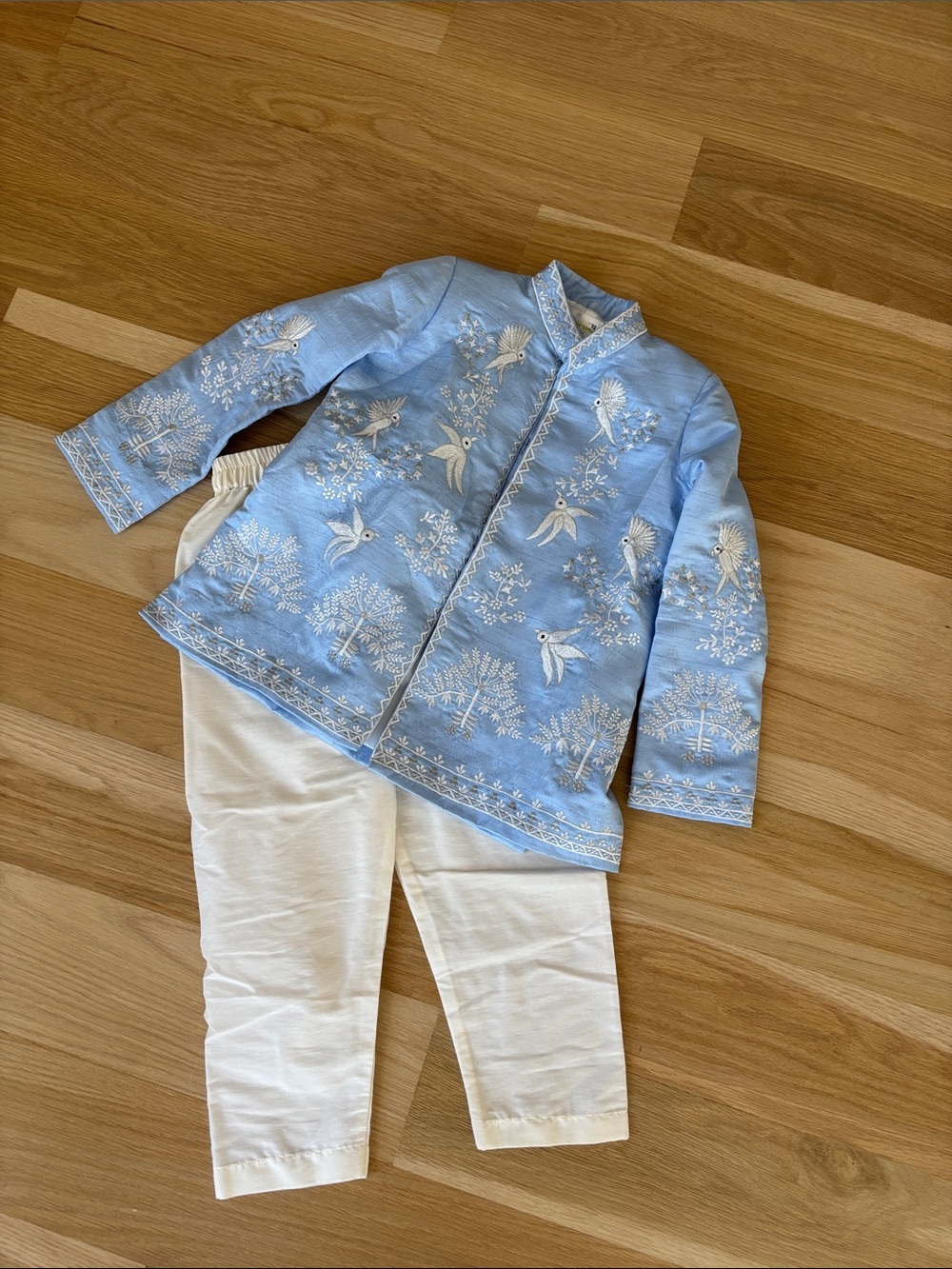 Little Boy’s Light Blue Bird Embroidered Sherwani with White Pants